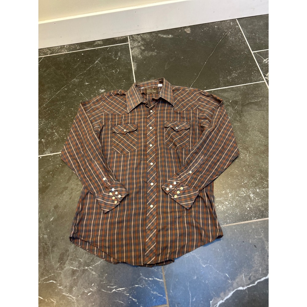 Vintage JCPenney Authentic Western Shirt Brown Plaid Pearl Snap Mens 16.5 x 34